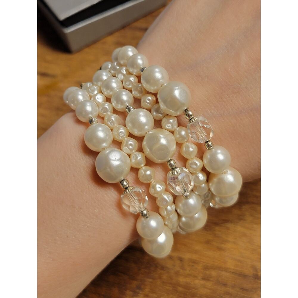 Vintage 5 Strand Faux Pearl Bracelet Made In JAPAN/W Butterfly Clasp